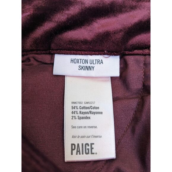 PAIGE "Hoxton Ultra Skinny" Dark Currant Maroon High Rise Velvet Jeans, Size 26 - Picture 10 of 14